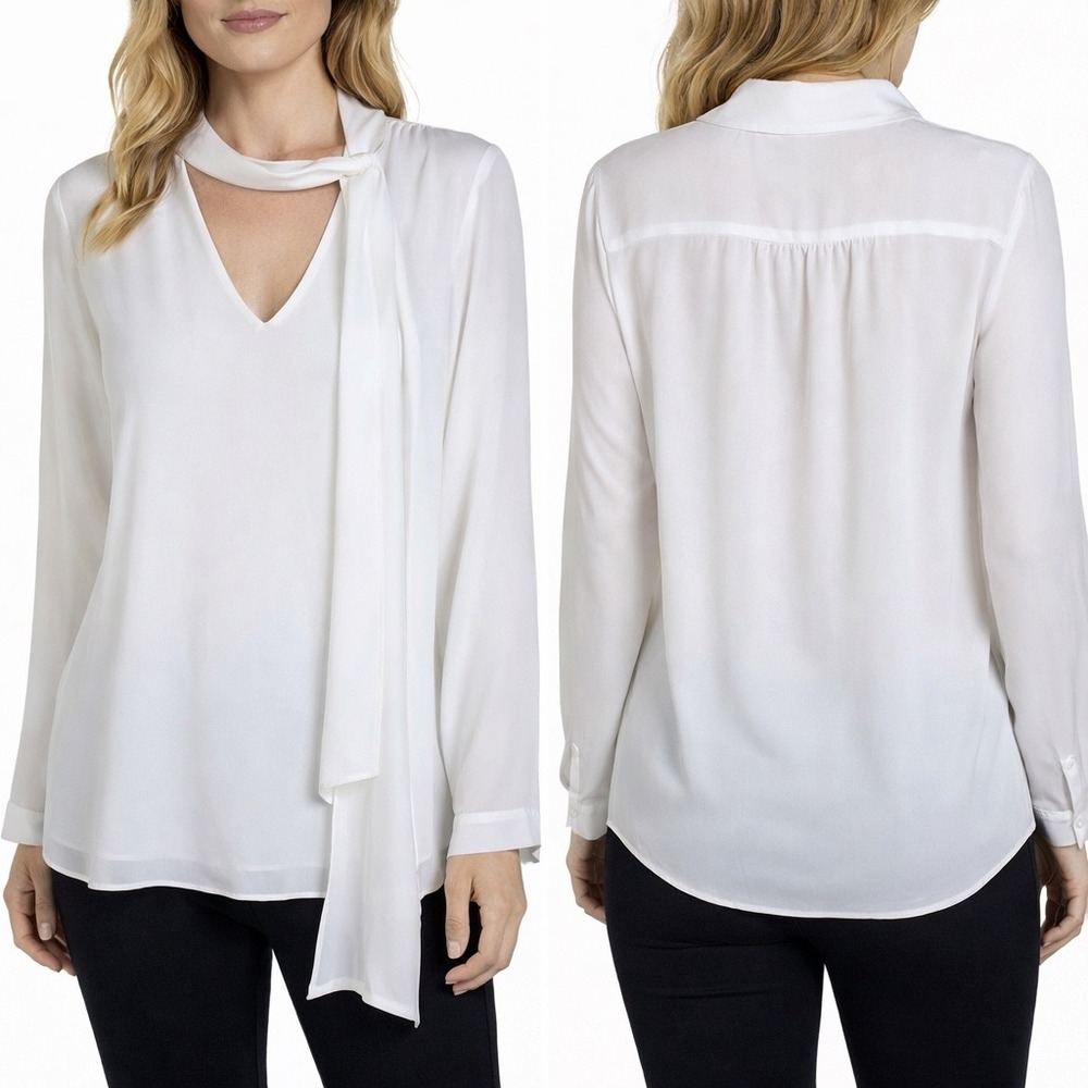 Anthropologie HD‎ in Paris White Bow Blouse Size US 12 Career Office Wear Flowy